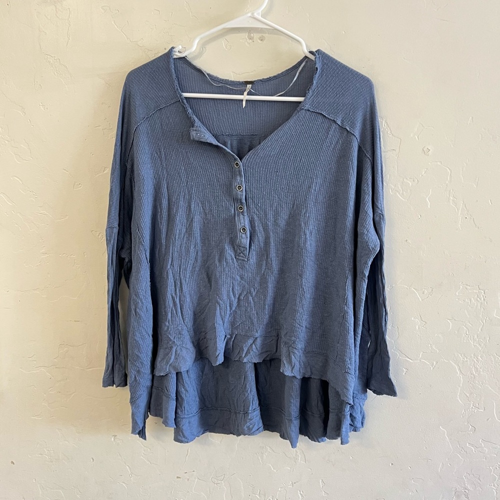Free People Blue Waffle Knit Popover High Low Long Sleeve Shirt Extra Small